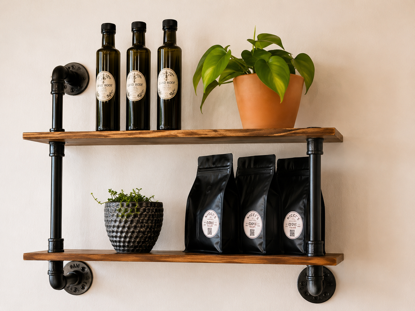 Nicci's Coffee Club coffee bags on the pipe shelf